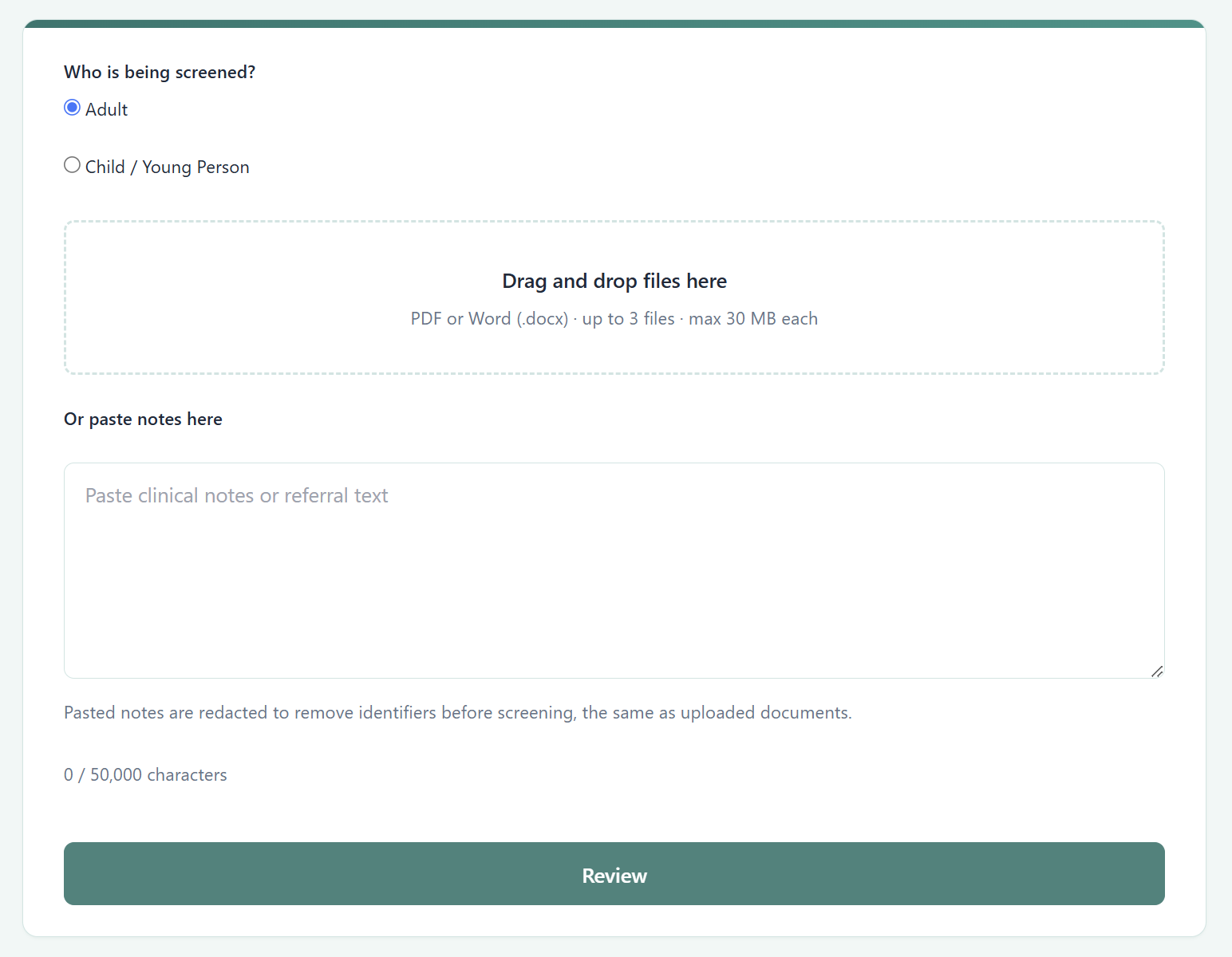 Patient Screener — Pre-assessment screening